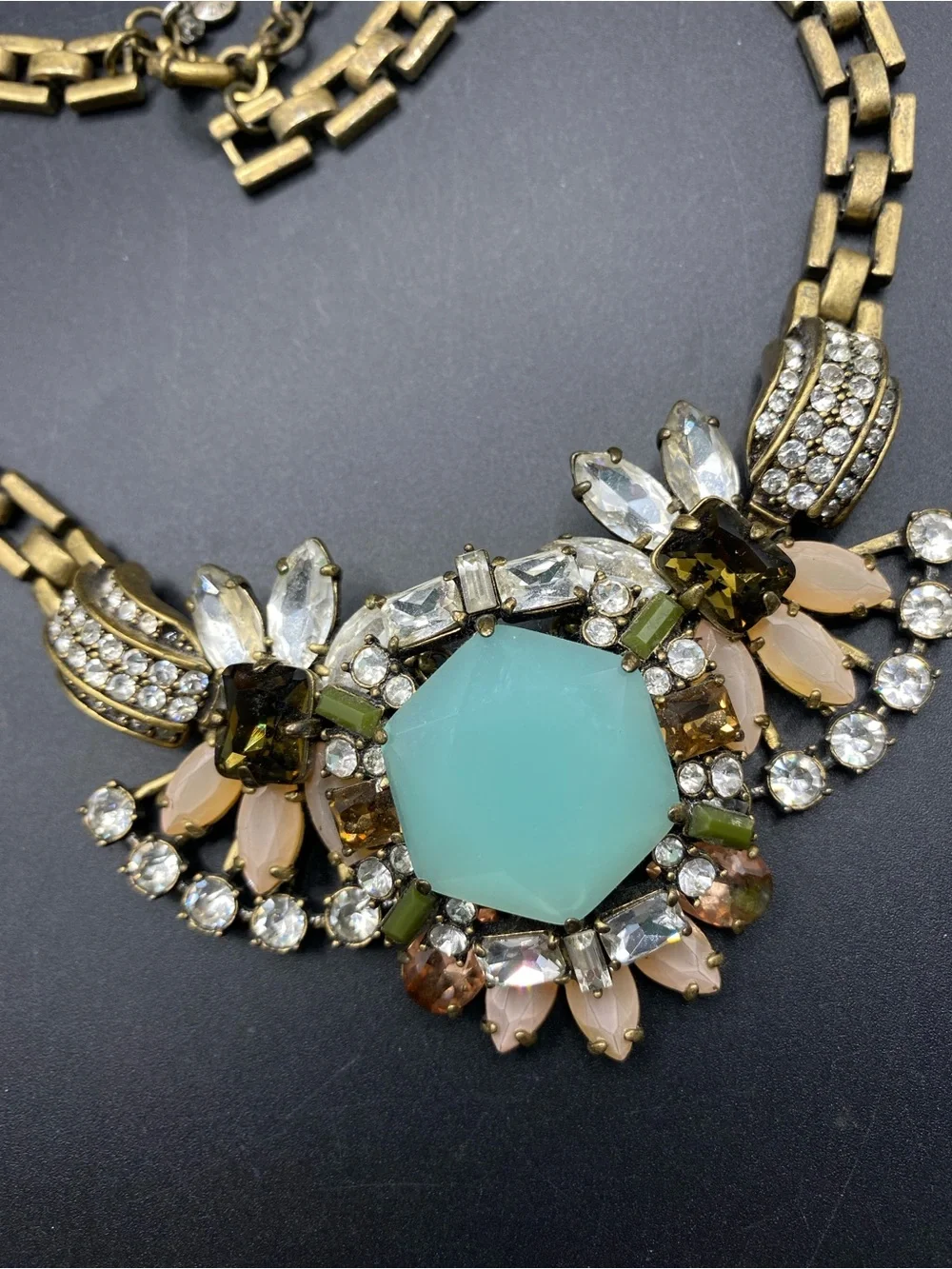 J. CREW Antiqued Gold Chain Floral Crystal Rhinestone Light Blue Necklace
